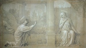 Annunciation, valmistava sarjakuva Cappella Raffo -freskolle Misericordian hautausmaalla, Sienassa