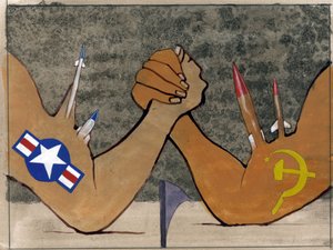 Allegorinen esitys kylmästä sodasta käsipainina Amerikan ja Neuvostoliiton asevoimien välillä. Kuvitus: Alessandro Lonati
