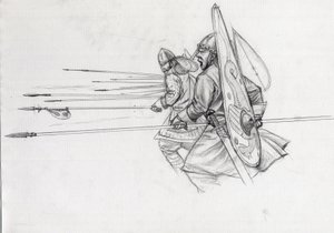 Jalkaväen normannien soturien panos Hastingsin taistelussa vuonna 1066. Piirustus Alessandro Lonati. tekijältä Alessandro Lonati