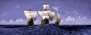 Tutustu Amerikkaan: "Pinta", "Nina" ja "Santa Maria", Christopher Columbuksen karavellit vuoden 1492 retkikunnan aikana. Alesandro Lonatin kuvitus. 2010 tekijältä Alessandro Lonati