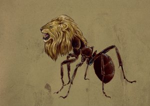Upeita hirviöitä ja olentoja, kryptozoologia: esitys myrmecoleosta, muurahaisesta leijonanpäällä - Alessandro Lonatin piirustus, 2012 tekijältä Alessandro Lonati