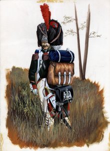 Ensimmäinen valtakunta (1804-1814 ja 1815): Italian Suuren Napoleonin armeen kuninkaallisen kaartin grenadierisotilaat. Piirustus Alessandro Lonati tekijältä Alessandro Lonati