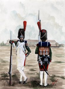 Ensimmäinen valtakunta (1804-1814 ja 1815): Suuren Napoleonin armeen kuninkaallisen kaartin grenadierisotilaat Sforzescon linnan aukiolla Milanossa, Italiassa. Piirustus Alessandro Lonati tekijältä Alessandro Lonati