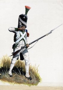 Ensimmäinen valtakunta (1804-1814 ja 1815): Italian suuren Napoleonin armeijan veliittisotilas avaa patruunan. Piirustus Alessandro Lonati tekijältä Alessandro Lonati