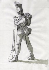 Ensimmäinen valtakunta (1804-1814 ja 1815): Itävalta-Unkarin (Itävalta-Unkarin) armeijan jalkaväen jalkaväen sotilaan puku. Piirustus Alessandro Lonati tekijältä Alessandro Lonati