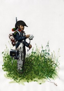 Ensimmäinen valtakunta (1804-1814 ja 1815): Suuren Ranskan Napoleonin armeijan sotilasjalkaväen metsästäjä. Piirustus Alessandro Lonati tekijältä Alessandro Lonati