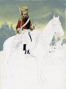 Ensimmäinen valtakunta (1804-1814 ja 1815): Suuren Ranskan Napoleonin armeijan kevyen ratsuväen sotilas. Alessandro Lonatin keskeneräinen piirustus. tekijältä Alessandro Lonati