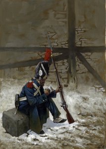 First Empire: Vartijakranaatteri takin päällä istumassa lumessa. Piirustus Alessandro Lonati tekijältä Alessandro Lonati