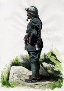 Ensimmäinen maailmansota 1914-1918: Italian armeijan alppimetsästäjä upseeri (alppimetsästäjä) Front des Alpesissa. Piirustus Alessandro Lonati tekijältä Alessandro Lonati