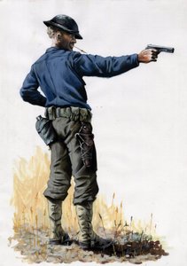 Ensimmäinen maailmansota 1914-1918: Amerikan armeijan jalkaväki pistoolilla vuonna 1917 länsirintamalla. Piirustus Alessandro Lonati tekijältä Alessandro Lonati