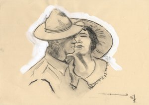 Ensimmäinen maailmansota 1914-1918: Amerikan armeijan GI tai GI jätti morsiamensa mennäkseen taisteluun. Piirustus Alessandro Lonati tekijältä Alessandro Lonati