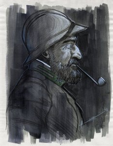Ensimmäinen maailmansota 1914-1918: Profiilimuotokuva Italian armeijan sotilasta tupakoimassa piippua vuonna 1915. Piirustus Alessandro Lonati tekijältä Alessandro Lonati