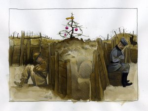 Ensimmäinen maailmansota: kahden vihollissotilaan, brittiläisen (vasemmalla) ja saksalaisen, yksinäisyys haudassa joulun aikaan 1914-1918 Kuvitus: Alessandro Lonati tekijältä Alessandro Lonati