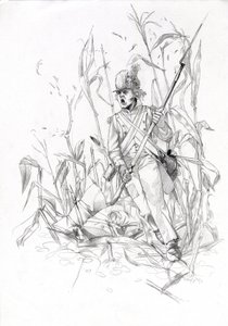 Ensimmäinen valtakunta (1804-1814 ja 1815): Napoleonin armeijan sotilas, jalkaväki hyökkäsi maissipellon läpi haavoittuneen toverinsa kanssa. Piirustus Alessandro Lonati tekijältä Alessandro Lonati