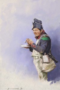 Ensimmäinen valtakunta: kevytjalkaväen sotilas aterian aikana Napoleon I:n kampanjan aikana (luultavasti Venäjällä) 1800-luvun alku. Kuvitus Alessandro Lonati. 2010 tekijältä Alessandro Lonati