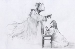 Fantoma unei călugărițe în vârstă cu mâinile strâmbe îi apare unei fetițe care se roagă Ilustrație de Alessandro Lonatifinnish tekijältä Alessandro Lonati