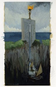 Kuva saaren myytistä katosi Atlantiksen meren alle (Atlantis): portti legendaarisen saaren kreikkalaiseen kaupunkiin ennen sen katoamista. Veneet kulkevat kahden kallion välissä. Väripiirustus Alessandro Lonati. tekijältä Alessandro Lonati