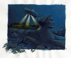 Kuva Atlantis-meren (Atlantis) alle kadonneen saaren myytistä: sukellusvene (sukellusvene) tutkii legendaarisen saaren pohjaa ja löytää rauniot. Väripiirustus Alessandro Lonati. tekijältä Alessandro Lonati