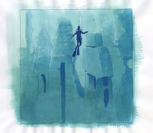 Kuva saaren myytistä katosi Atlantismeren alle: legendaarisen saaren rauniot meren syvyyksissä. Väripiirustus Alessandro Lonati. tekijältä Alessandro Lonati