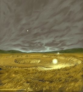 Salaperäiset ilmiöt: esitys vehnäpelloille tehtyjen, tiettyjen teorioiden mukaan muukalaisten (UFO tai UFO) geometristen muotojen legendaarisesta muodostumisesta. Piirustus Alessandro L tekijältä Alessandro Lonati