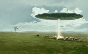 Salaperäinen ilmiö: lentävä lautanen (alien tai UFO tai UFO), joka poistaa lampaan (sieppaus). Piirustus Alessandro Lonati