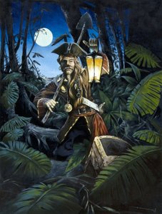 Pirate of the Caribbean lyhty, yöllä, piilottelee aarteensa saaren metsään. Väripiirustus Alessandro Lonati. tekijältä Alessandro Lonati