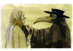 Ruttolääkäri, jolla oli nokkamainen maski, joka oli täynnä aromaattisia esineitä uhrin edessä tekijältä Alessandro Lonati