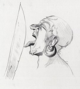 Retrato de um pirata (corsário) desafiando a espada tocando-a com a língua. Desenho de Alessandro Lonati.finnish tekijältä Alessandro Lonati