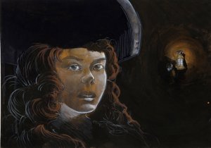 Piraattinaisen (yksityismiehen) tai merimiehen muotokuva yöllä, toisen merirosvon lyhdyn valaisemassa. Väripiirustus Alessandro Lonati. tekijältä Alessandro Lonati