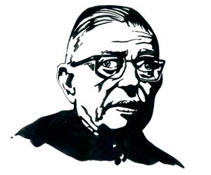 Muotokuva ranskalaisesta kirjailijasta, filosofista ja näytelmäkirjailija Jean-Paulista (Jean Paul) Sartre Piirustus tekijältä Alessandro Lonati