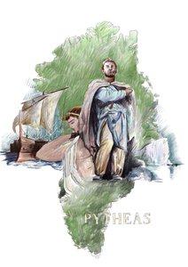 Pytheaksen esitys kreikkalaisesta tutkimusmatkailijasta Massaliasta, 4. vuosisadalta eKr. (Pytheas of Massalia kreikkalainen maantieteilijä ja tutkimusmatkailija, 4. vuosisata eKr.) Kuvitus: Alessandro Lonati tekijältä Alessandro Lonati