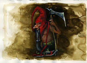 Kuvaus punahatusta (Red cap, powrie tai dunter, Red-Bonnet) legendaarisesta Goblin-perheen pahantahtoisesta olennosta brittiläisestä kansanperinteestä - (punahattu, pahantahoinen murhaajakääpiö, peikko, tonttu tai keiju löytyy Border Folkloresta) Kuvitus:  tekijältä Alessandro Lonati