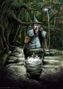 Esitys druidista juomassa Barentonin upealla suihkulähteellä, Brocelianden metsässä - kuvitus: Alessandro Lonati - 2012 - tekijältä Alessandro Lonati