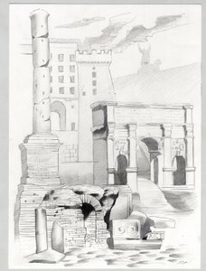 Rooman aikakauden rauniot Roomassa, Forum (foro romano) Alessandro Lonatin piirustus. tekijältä Alessandro Lonati