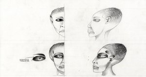 Scifi-kuvitus (scifi): tutkimus avaruusolennon tai muukalaisen (alien tai muukalaisen) kasvoista Mars-planeetalta avaruuden tai universumin valloittamiseen. Piirustus Alessandro Lonati tekijältä Alessandro Lonati