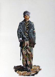 Toinen maailmansota: Italian vastarintaliikkeen (maquis tai sissit, partisaani) (Resistenza Italiana) jäsen, yllään naamiointipuku ja ase konekiväärillä. 1943-1945. Kuvitus Alessandro Lonati tekijältä Alessandro Lonati