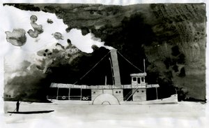 Höyrylaivakuva Joseph Conradin uudesta "" Pimeyden sydämessä" -kappaleesta. 2012 tekijältä Alessandro Lonati