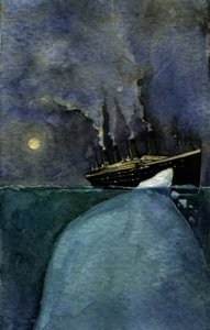 Näkymä Atlantin ylittävästä linja-autosta Titanic uppoamishetkellä 14. ja 15. huhtikuuta 1912, jonka aiheutti törmäys jäävuoreen. Kuvitus Alessandro Lonati. 2011 tekijältä Alessandro Lonati