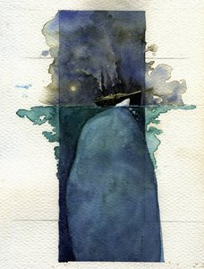 Näkymä Atlantin ylittävästä linja-autosta Titanic uppoamishetkellä 14. ja 15. huhtikuuta 1912, jonka aiheutti törmäys jäävuoreen. Kuvitus Alessandro Lonati. 2011 tekijältä Alessandro Lonati
