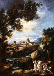 Maisema, jossa karmeliittamunkit rukoilevat tienvarren pyhäkössä, n.1720 (öljy kankaalle) tekijältä Alessandro Magnasco