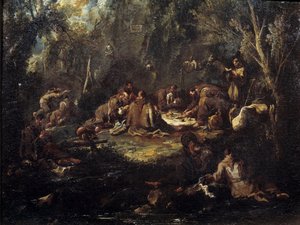 Kohtaus luostarielämästä Munkkien aamiainen, rukoileminen ja lukeminen aluskasvillisuudessa. Alessandro Magnascon maalaus tekijältä Alessandro Magnasco