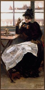 Mustapukuinen nainen lukee sanomalehteä ja siemaile kupillista kahvia bistrossa. Alessandro Milesin (1856-1945) maalaus Arte Modernan Genes Galleria
