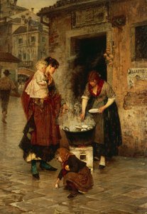 Simpukkamyyjä Venetsiassa, kirjoittanut Alessandro Milesi (1856-1945), öljy kankaalle, 91x65 cm. Italia, 1900-luku.