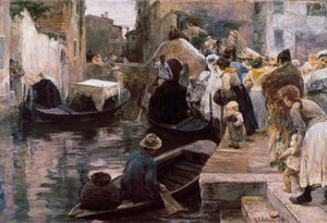 ""Häät Venetsiassa"" Vastaavioiset ajavat gondolilla. Alessandro Milesin (1856-1945) maalaus 1897 Rooma. Galleria Nazionale d