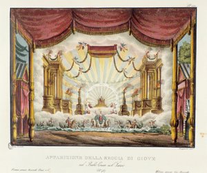 Jupiter Scenografian valtakunnan esiintyminen Giuseppe Sartin oopperadraaman "" Enea nel Lazio "" (1799) esittämiseen. Litografia "" Alessandro Sanquiricon (1777-1849) maisemakeksintöjen kokoelma vuodelta 1830 ". Milanolainen yksityinen kol tekijältä Alessandro Sanquirico