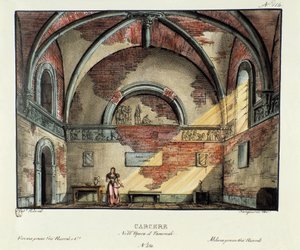 Prison Cell Scenografia esitykseen Milanossa vuonna 1829 Gioacchino Rossinin (tai Gioachinon) (tai Gioachinon) (1813) ooppera "Tancredi" "(tai Tancrede) Voltairen palan" Tancrede " jälkeen. Litografia "" Kokoelma maisemakeksintöjä vuodelta 1830, Alessandro tekijältä Alessandro Sanquirico
