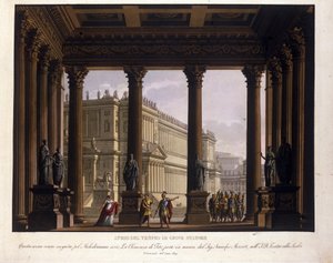 Alessandro Sanquiricon (1777-1849) lavastus Wolfgang Amadeus Mozartin (1756-1791) "The Clemence of Tito" kiipeää Milanon La Scalaan vuonna 1819 ja edustaa Jupiterin temppelin atrium Stator Statore: Sextus pysäytetään; Viterlin säilyttämiseksi