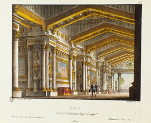 Kuninkaanlinnan suuri sali Skenografia Gioacchino Rossinin (tai Gioachinon) oopperan "Elisabetta, Regina d