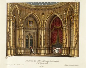 Elmiren (tai Elmiron) makuuhuone Skenografia Gioacchino Rossinin (tai Gioachinon) oopperaan "" Otello"" (1816) William Shakespearen teoksen "Othello tai Venetsian mauri" jälkeen 1830 (litografia) tekijältä Alessandro Sanquirico
