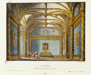 Kuninkaanlinnan Skenografian makuuhuone Gioacchino Rossinin (tai Gioachinon) oopperan "Elisabetta, Regina d